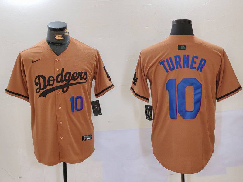Men Los Angeles Dodgers 10 Turner army green joint name 2024 Nike MLB Jersey style 1